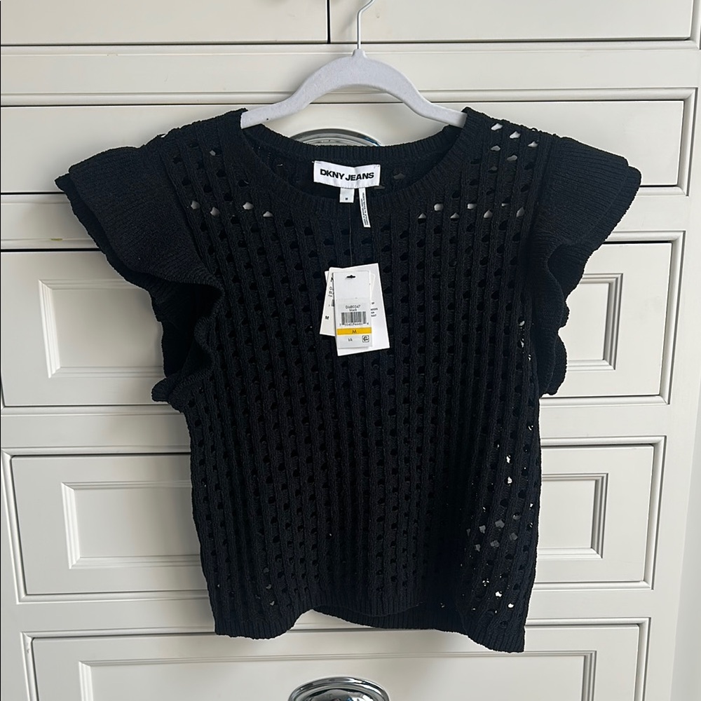 DKNY Black Eyelet Knit Top with Ruffle Detail